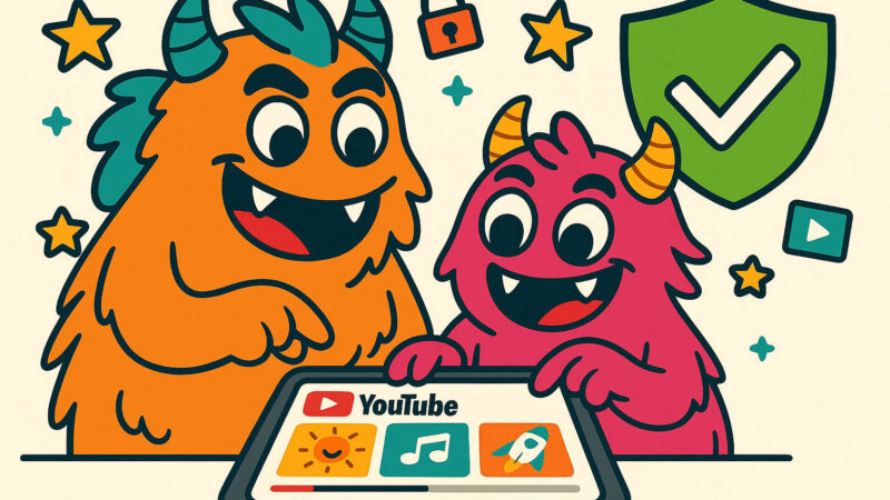“Friendly colorful monster parent and child watching YouTube Kids app on a tablet, safe and educational content for kids