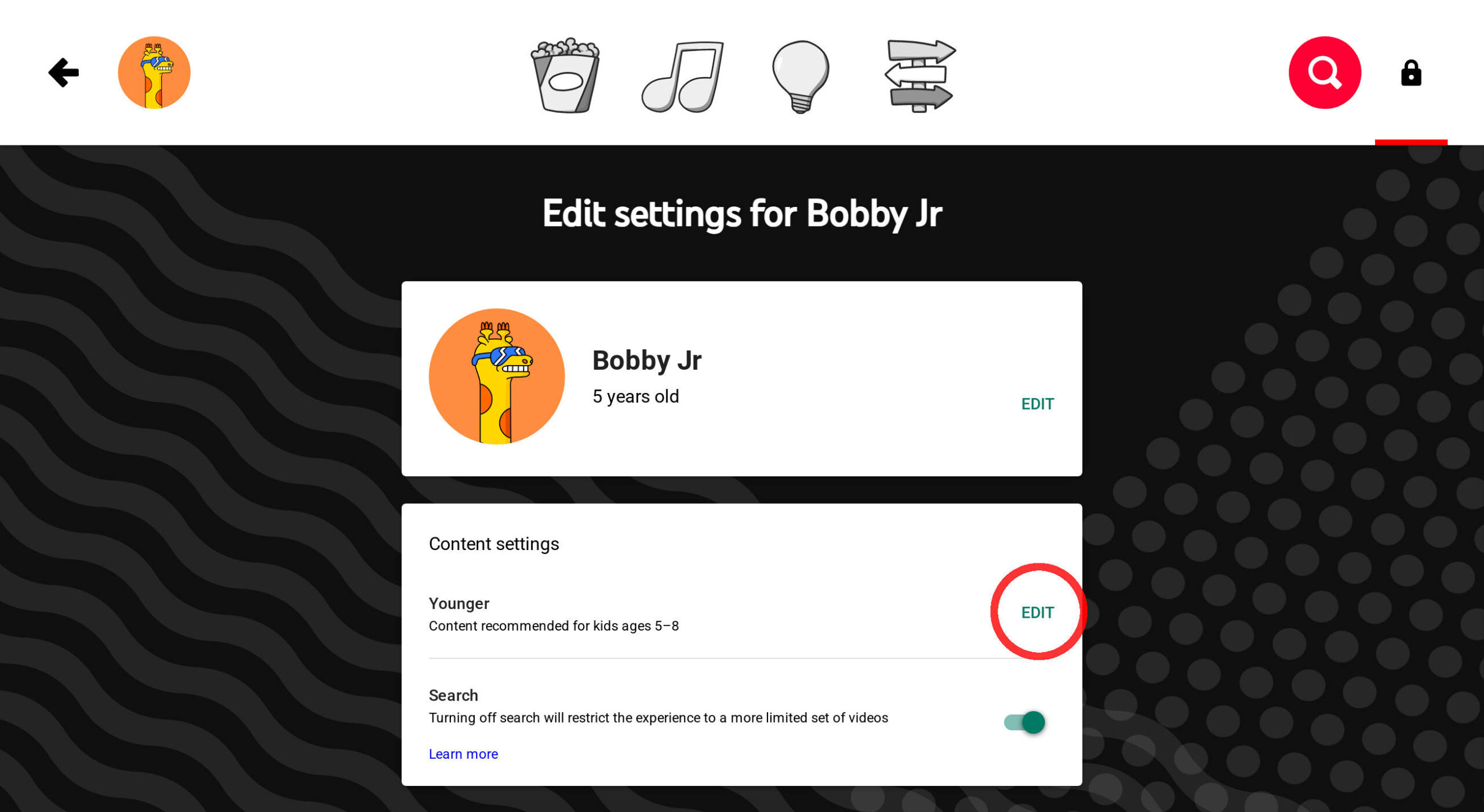 YouTube Kids App Parental Control Settings Screenshot for Whitelisting Content